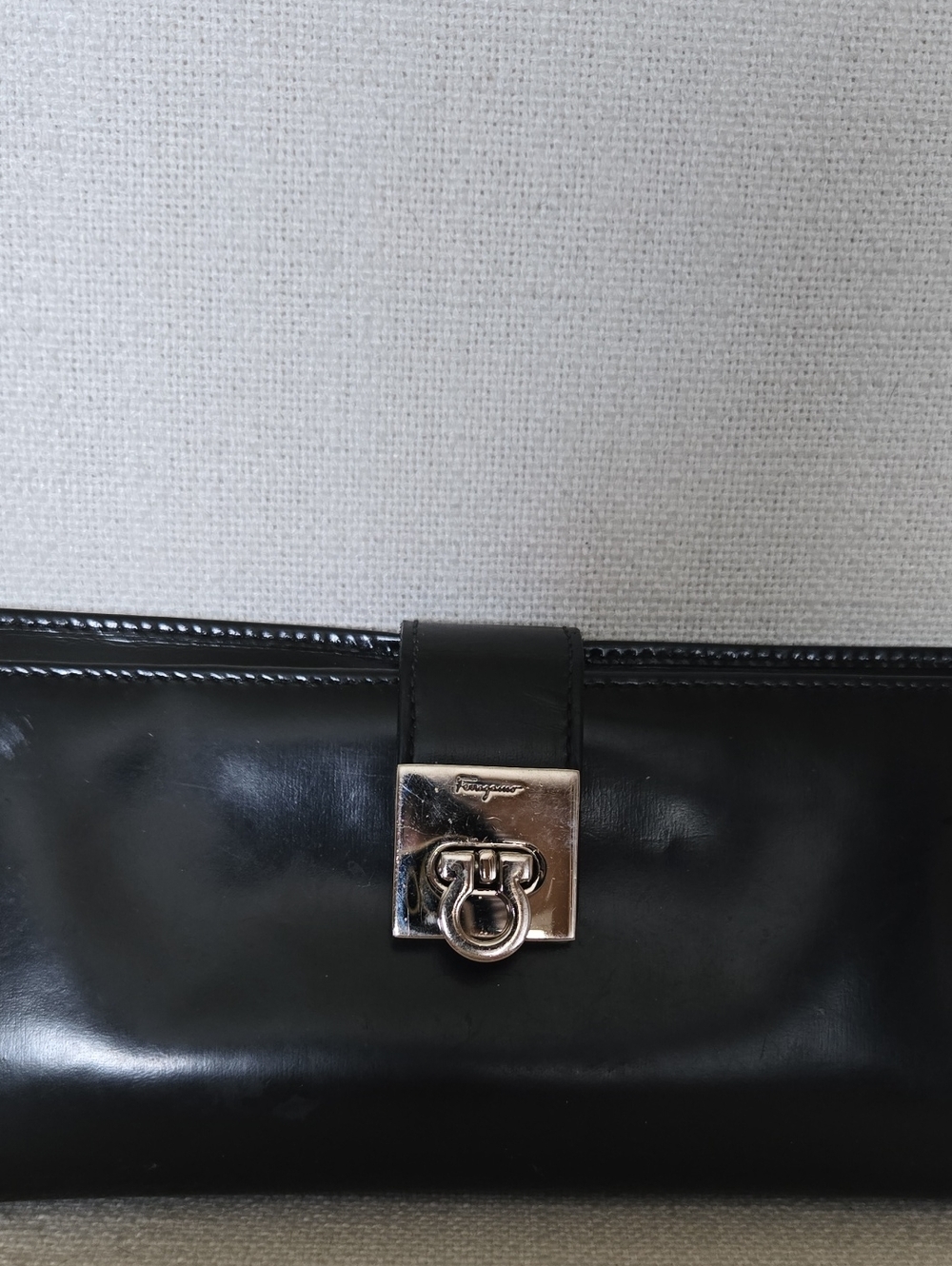 Salvatore Ferragamo Black Leather Clutch with Silver-Tone Gancini Lock